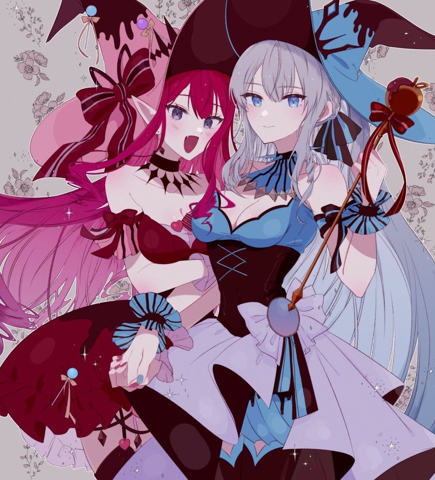 2girls :o arm_grab bare_shoulders blue_eyes blue_hair blue_nails blush breasts choker cleavage corset detached_collar fairy_knight_tristan_(fate) fairy_knight_tristan_(valentine_witches)_(fate) fang fate/grand_order fate_(series) grey_background grey_hoodie highres holding_hands hood hoodie looking_at_viewer medium_breasts monimn_n morgan_le_fay_(fate) morgan_le_fay_(valentine_witches)_(fate) multiple_girls pantyhose pink_hair pointy_ears red_nails smile thighhighs thighs