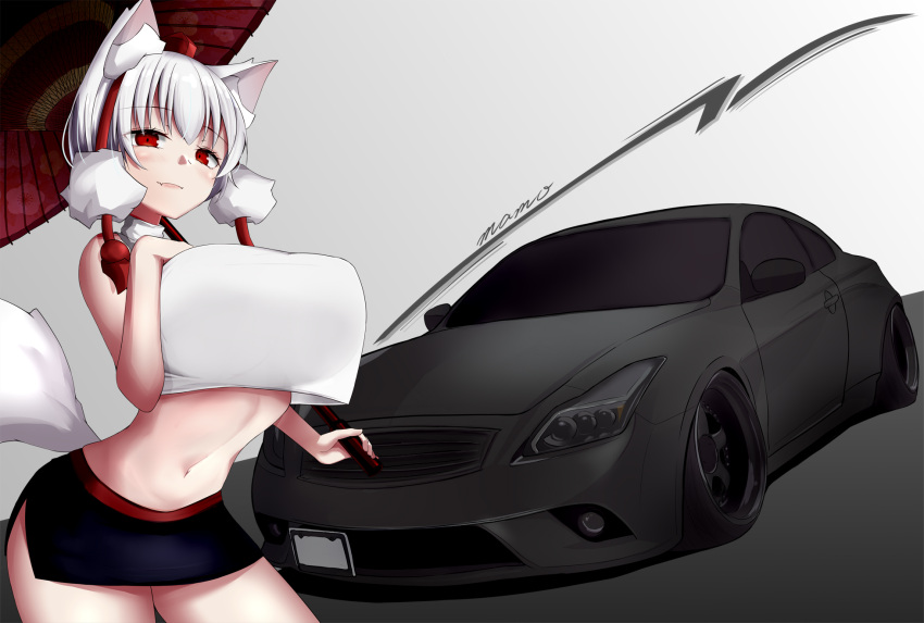 1girl adapted_costume animal_ear_fluff animal_ears bangs bare_shoulders black_skirt breasts closed_mouth contrapposto cowboy_shot crop_top eyebrows_visible_through_hair fang fang_out grey_background ground_vehicle hand_on_own_chest hand_up hat highres holding holding_umbrella inubashiri_momiji large_breasts light_smile mamo_murata navel nissan nissan_skyline oil-paper_umbrella pom_pom_(clothes) red_eyes red_headwear shirt short_hair side_slit simple_background skin_fang skirt solo tassel tokin_hat touhou umbrella white_hair white_shirt wolf_ears