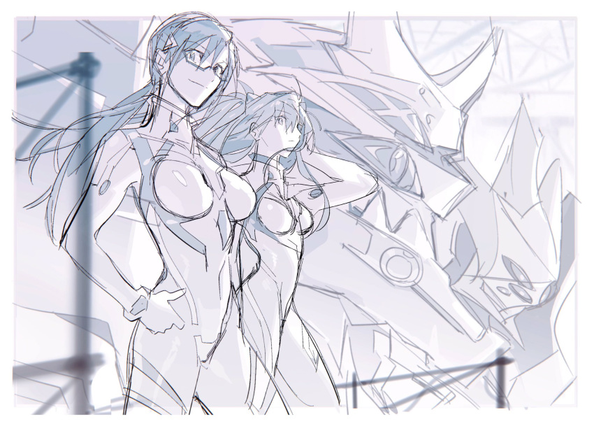 2girls bodysuit breasts catwalk covered_navel cropped_legs eva_02 eva_08 greyscale hand_on_hip headband highres initial_e interface_headset large_breasts light_smile looking_at_viewer makinami_mari_illustrious medium_breasts monochrome multiple_girls navel neon_genesis_evangelion plugsuit rebuild_of_evangelion souryuu_asuka_langley thighs twintails two_side_up