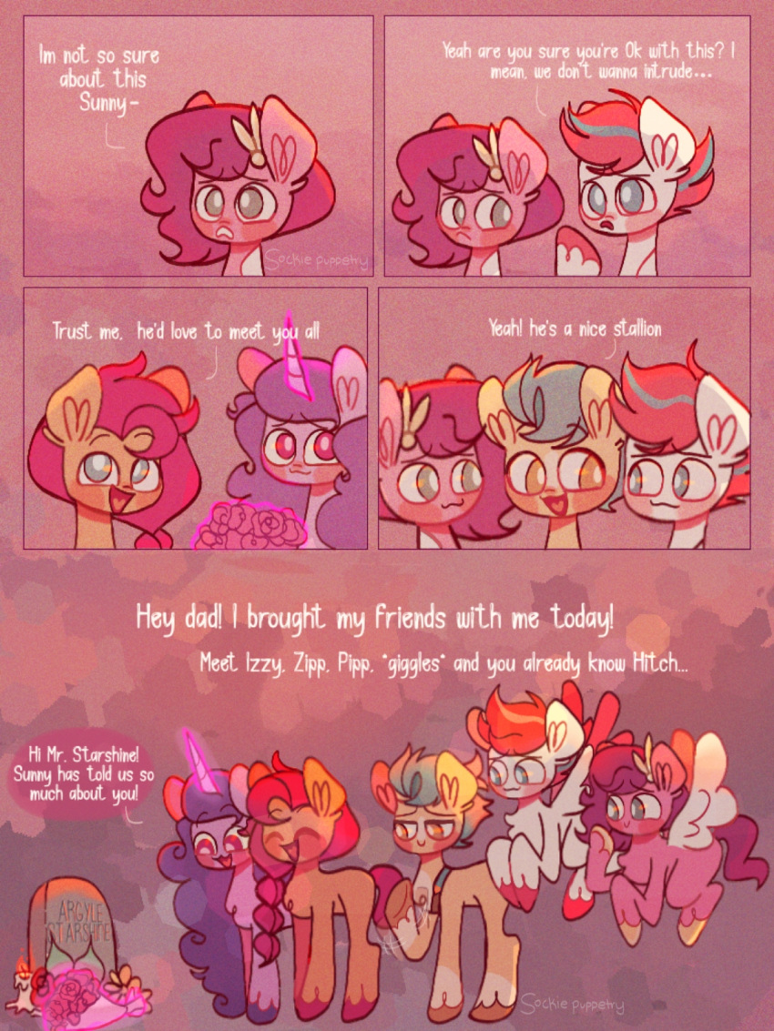 3:4 comic dialogue english_text equid equine female flower hasbro hi_res hitch_trailblazer_(mlp) horn izzy_moonbow_(mlp) male mammal mlp_g5 my_little_pony pegasus pipp_petals_(mlp) plant sockiepuppetry sunny_starscout_(mlp) text tombstone unicorn wings zipp_storm_(mlp)
