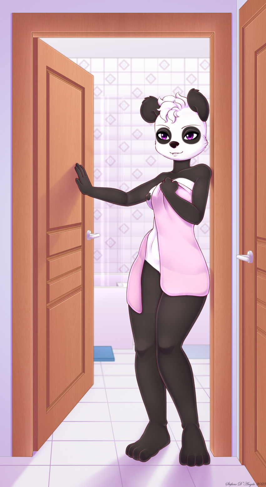 4_fingers absurd_res anthro bathroom bear black_body black_fur black_nipples female female/female fingers fur giant_panda hi_res holding_object holding_towel leaning_on_wall lillian_grey mammal nipples purple_eyes solo standing standing_in_doorway stefano_d'angelo towel white_body white_fur