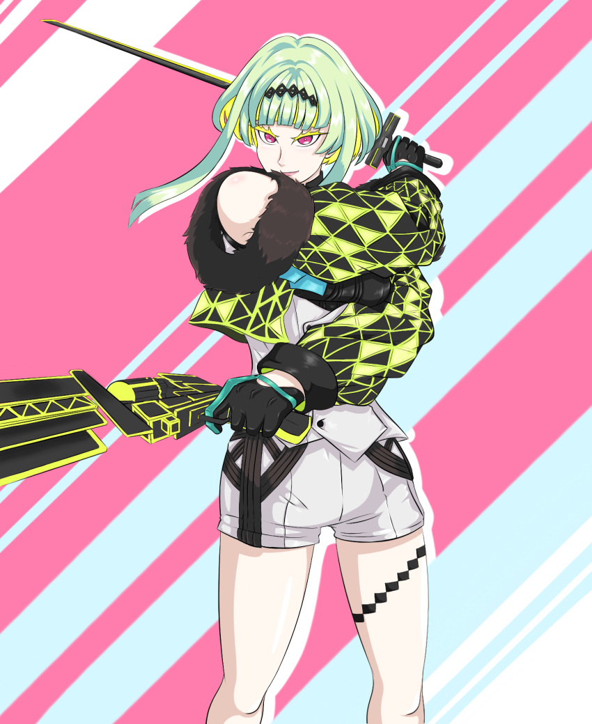 1girl ascot bangs blunt_bangs ememtrp fur_trim gloves gradient_hair green_hair highres jacket md5_mismatch multicolored_background multicolored_hair pink_eyes short_hair short_hair_with_long_locks smile solo_focus soul_hackers soul_hackers_2