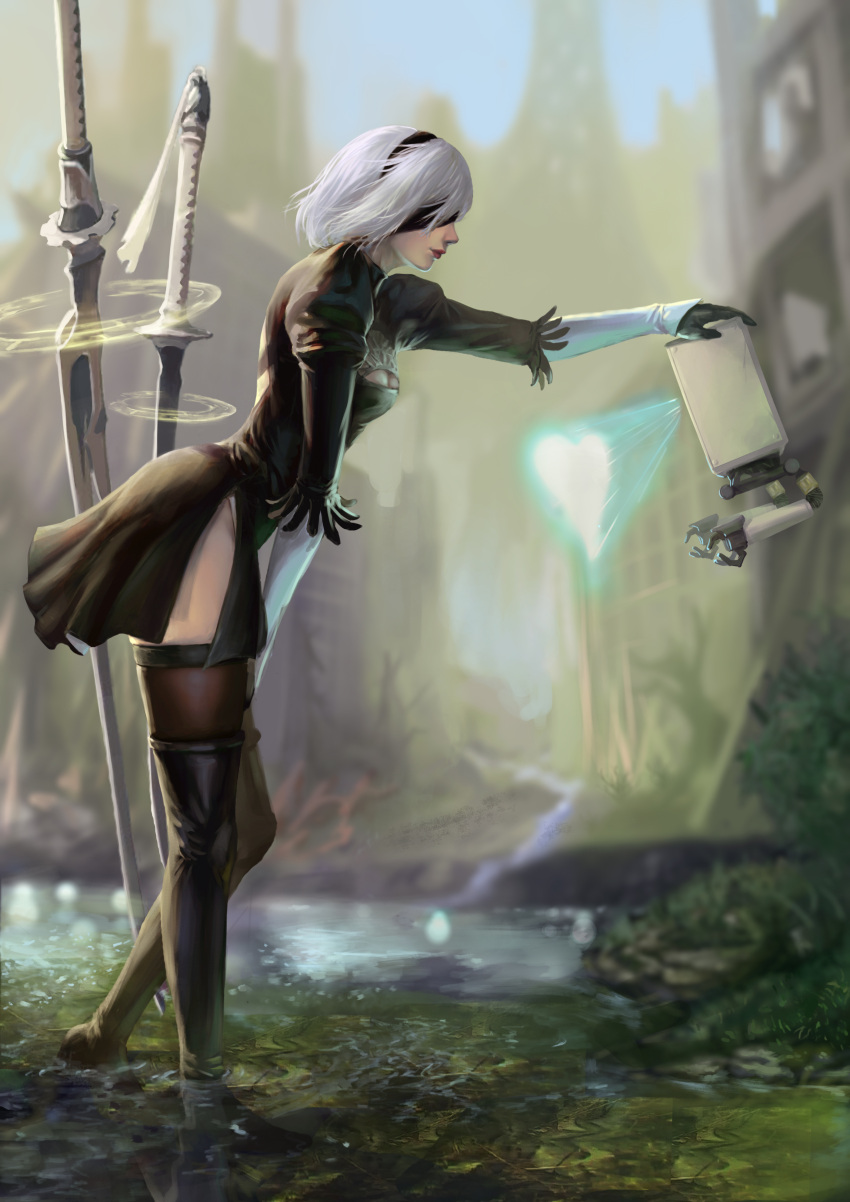 1girl absurdres black_blindfold black_dress black_hairband blindfold blurry blurry_background boots breasts cleavage_cutout clothing_cutout dress feather-trimmed_sleeves floating floating_object floating_weapon hairband hand_on_own_knee headpat heart highres hologram katana leaning_forward looking_at_another machine_(nier) nier_(series) nier_automata outdoors pod_(nier_automata) ruins sherl_rin short_hair sword thigh_boots thighhighs thighhighs_under_boots weapon white_hair yorha_no._2_type_b
