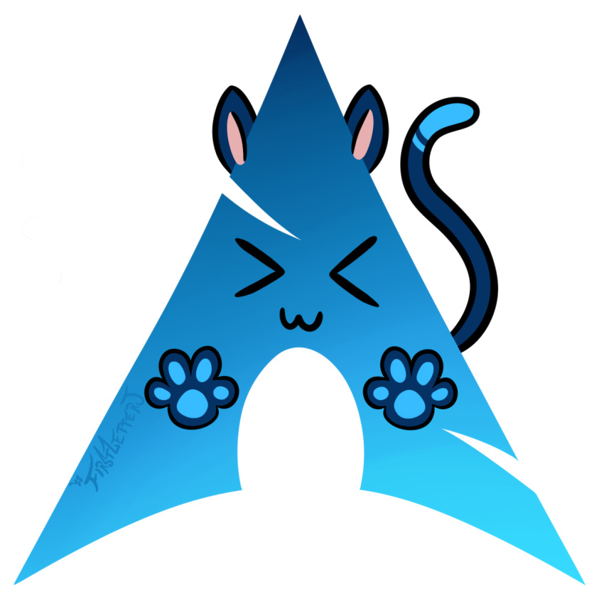 &gt;w&lt; 1:1 alpha_channel ambiguous_gender arch_linux colored digital_media_(artwork) domestic_cat ears_up felid feline felis firstletterj hi_res linux logo logo_parody mammal markings operating_system pawpads paws raised_tail signature simple_background software_logo solo tail_markings text transparent_background watermark