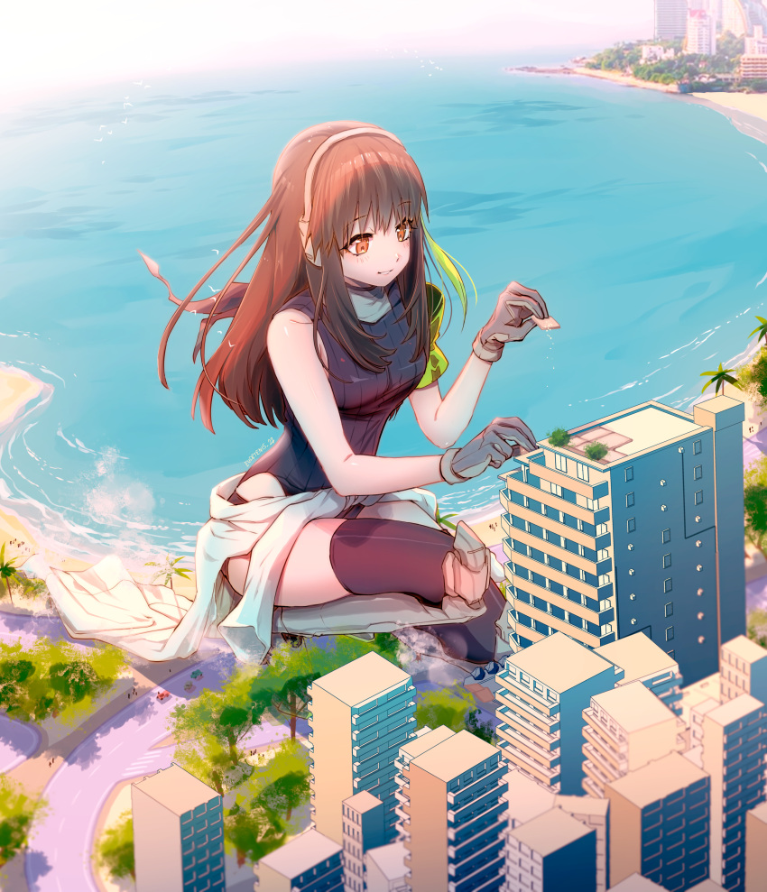 1girl absurdres armband artist_name bangs beach black_eyes black_gloves black_hair black_legwear building car city clothes_around_waist commission day eudetenis eyebrows_visible_through_hair giant giantess girls'_frontline gloves green_hair ground_vehicle headphones highres jacket jacket_around_waist leotard long_hair m4a1_(girls'_frontline) motor_vehicle multicolored_hair ocean outdoors palm_tree ribbed_leotard road sand smile solo streaked_hair thighhighs tree two-tone_hair