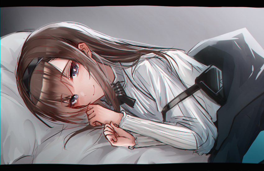 1girl arknights bed_sheet black_hairband black_ribbon blanket blush bright_pupils brown_hair closed_mouth gradient gradient_background grey_background grey_sweater hairband highres kaguura_(kagu) long_hair looking_at_viewer lying neck_ribbon on_bed on_side pouch priestess_(arknights) purple_eyes ribbon smile solo sweater under_covers upper_body