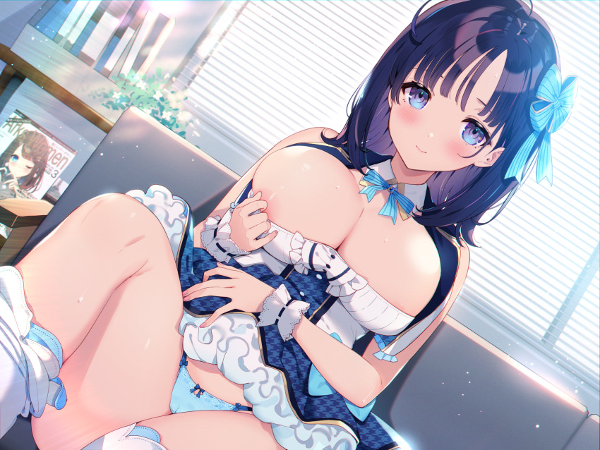 1girl ahoge aqua_panties areola_slip areolae bangs bare_shoulders black_hair blue_bow blue_bowtie blue_eyes blue_panties blush book bow bow_panties bowtie breasts cleavage cleavage_cutout clothes_pull clothing_cutout colored_inner_hair couch dress dress_pull fingernails frills hair_bow hair_ribbon highres indoors kat_(bu-kunn) knee_up large_breasts long_hair looking_at_viewer magazine_(object) multicolored_hair nail_polish open_mouth original panties pink_nails pulled_by_self purple_hair ribbon short_dress sitting smile socks solo string_panties striped striped_bow striped_bowtie sunlight underwear white_legwear window wing_collar