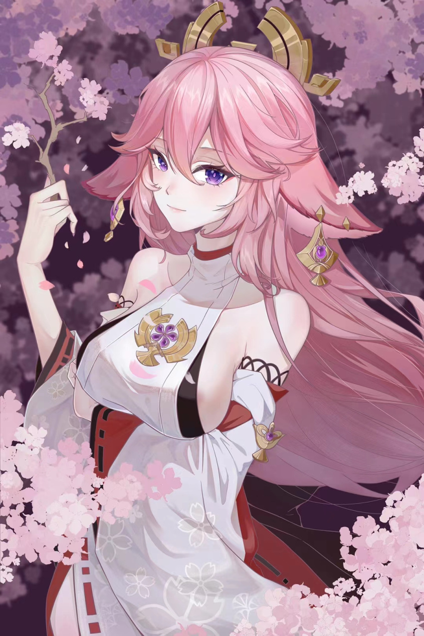 1girl animal_ears bare_shoulders branch breasts cherry_blossoms collarbone commentary_request detached_sleeves earrings floppy_ears fox_ears genshin_impact hair_ornament highres holding holding_branch japanese_clothes jewelry large_breasts light_blush light_smile long_hair looking_at_viewer low-tied_long_hair miko outdoors petals pink_background pink_hair priestess purple_eyes ribbon-trimmed_sleeves ribbon_trim sideboob solo tree tu_shan upper_body vision_(genshin_impact) wide_sleeves yae_miko