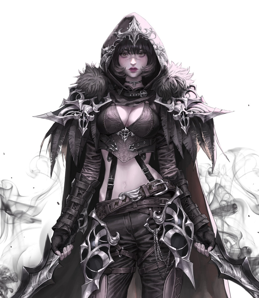 1girl armor arms_at_sides bangs belt black_cape black_gloves black_hair black_pants blunt_bangs bob_cut breastplate breasts cape chain choker cleavage commentary contrapposto dagger dual_wielding english_commentary feather_trim fingerless_gloves fur-trimmed_cape fur_trim gloves heo_sung-moo highres holding holding_dagger holding_weapon hood hood_up hooded_cape jewelry knife lips long_sleeves looking_at_viewer midriff multiple_belts navel original pants pauldrons red_lips scar scar_on_face scar_on_nose shoulder_armor silver_trim smoke solo standing straight-on suspenders thigh_strap weapon white_background yellow_eyes