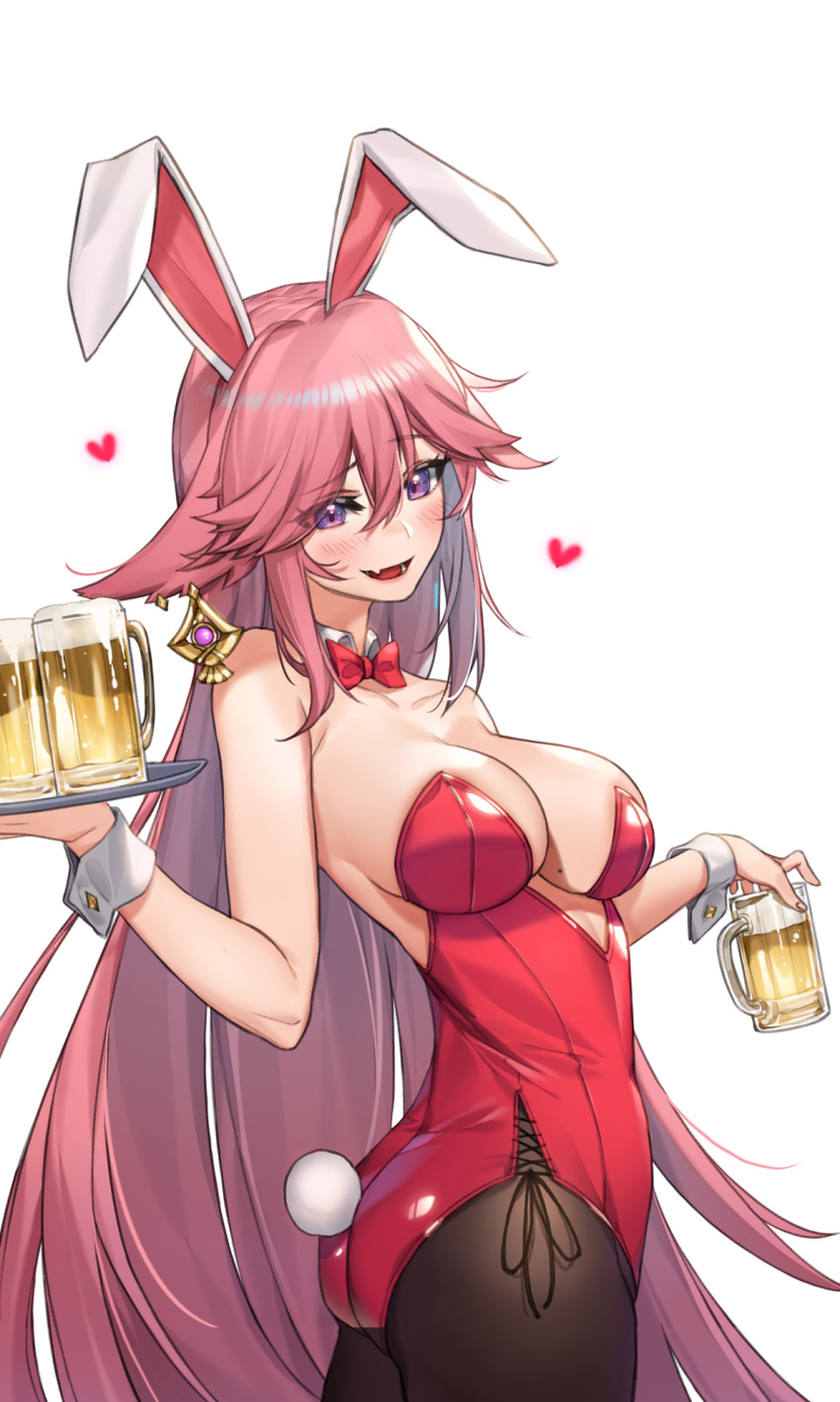 1girl :d alcohol animal_ears ass bangs bare_shoulders beer beer_mug blush bow bowtie breasts brown_legwear cleavage collarbone commentary_request cup detached_collar drunk earrings eyebrows_visible_through_hair eyelashes fang floppy_ears fox_ears from_side genshin_impact hair_between_eyes hand_up highres holding holding_tray jewelry large_breasts leotard long_hair looking_at_viewer mole mole_on_breast mug open_mouth pantyhose pink_hair piyo_(pixiv_2308057) playboy_bunny purple_eyes rabbit_ears rabbit_tail red_bow red_bowtie red_leotard red_neckwear side_slit skin_fang smile solo standing strapless strapless_leotard tail thighs tray wing_collar wrist_cuffs yae_miko