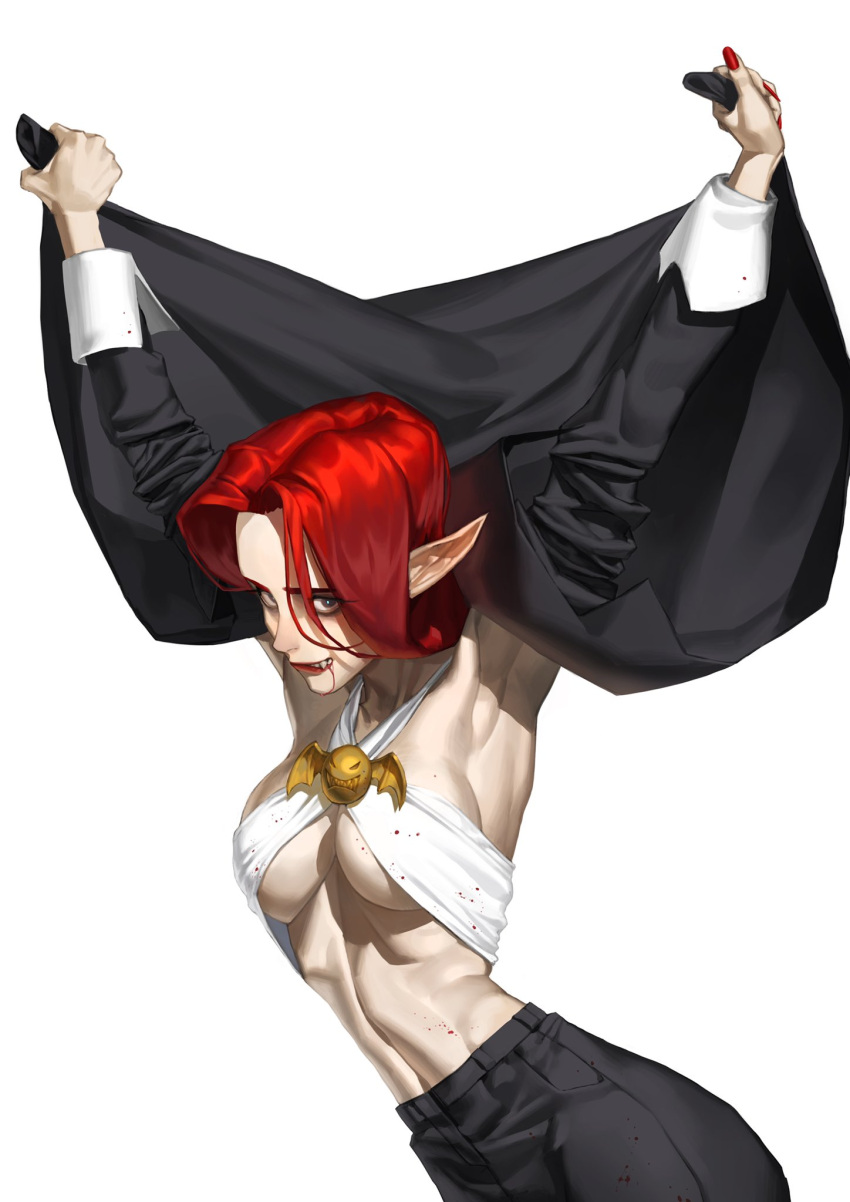 1girl armpits arms_up black_eyes black_jacket black_pants blood blood_from_mouth blood_on_clothes bra breasts clothes_grab commentary cowboy_shot criss-cross_halter dracula english_commentary fake_wings fangs grin hair_between_eyes halterneck heo_sung-moo highres holding jacket jacket_over_head large_breasts long_sleeves looking_at_viewer open_clothes open_jacket original pants pointy_ears red_hair red_lips red_nails simple_background skinny smile solo toned underwear vampire white_background white_bra wings