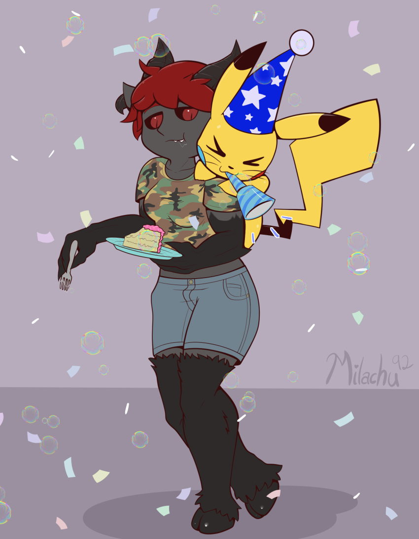 anthro beeb birthday_cake black_horn bubble cake claws clothing confetti demon dessert duo feral food hair hat headgear headwear herm hi_res hooves horn intersex intersex/male krexah_akrando male milachu92 nintendo party_hat party_horn pikachu pok&eacute;mon pok&eacute;mon_(species) red_hair simple_background video_games whiskers