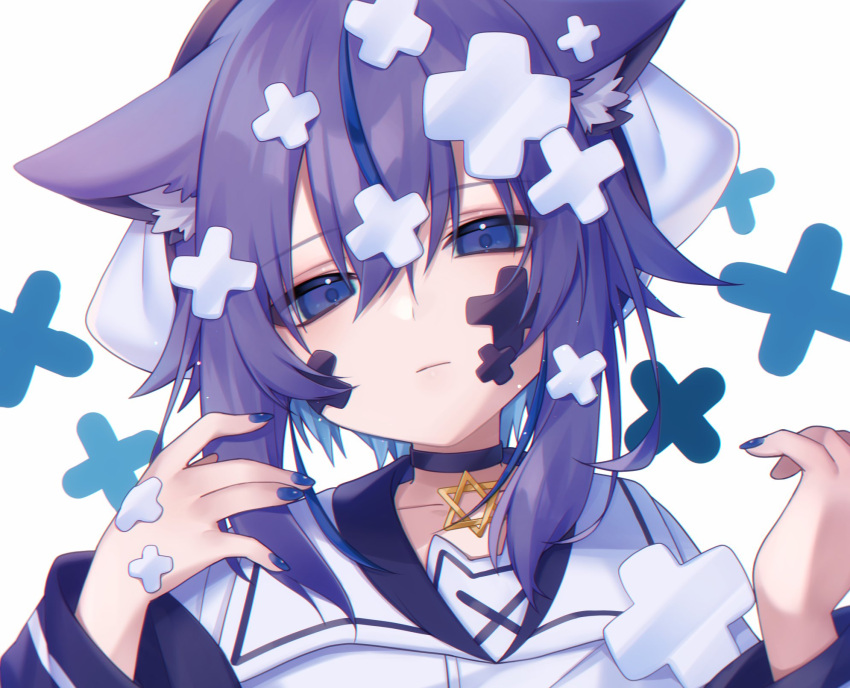 1girl animal_ears asano_yoru asano_yoru_(artist) blue_eyes blue_hair fox_ears fox_girl hair_ornament hairclip head_tilt highres indie_virtual_youtuber looking_at_viewer multicolored_hair pale_skin purple_hair virtual_youtuber x_hair_ornament