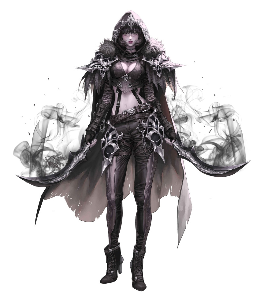 1girl armor arms_at_sides bangs belt black_cape black_footwear black_gloves black_hair black_pants blunt_bangs bob_cut boots breastplate breasts cape chain choker cleavage commentary contrapposto dagger dual_wielding english_commentary feather_trim fingerless_gloves full_body fur-trimmed_cape fur_trim gloves heo_sung-moo high_heel_boots high_heels highres holding holding_dagger holding_weapon hood hood_up hooded_cape jewelry knife lips long_sleeves looking_at_viewer midriff multiple_belts navel original pants pants_tucked_in pauldrons scar scar_on_face scar_on_nose shoulder_armor silver_trim smoke solo standing suspenders thigh_strap torn_cape torn_clothes weapon white_background yellow_eyes