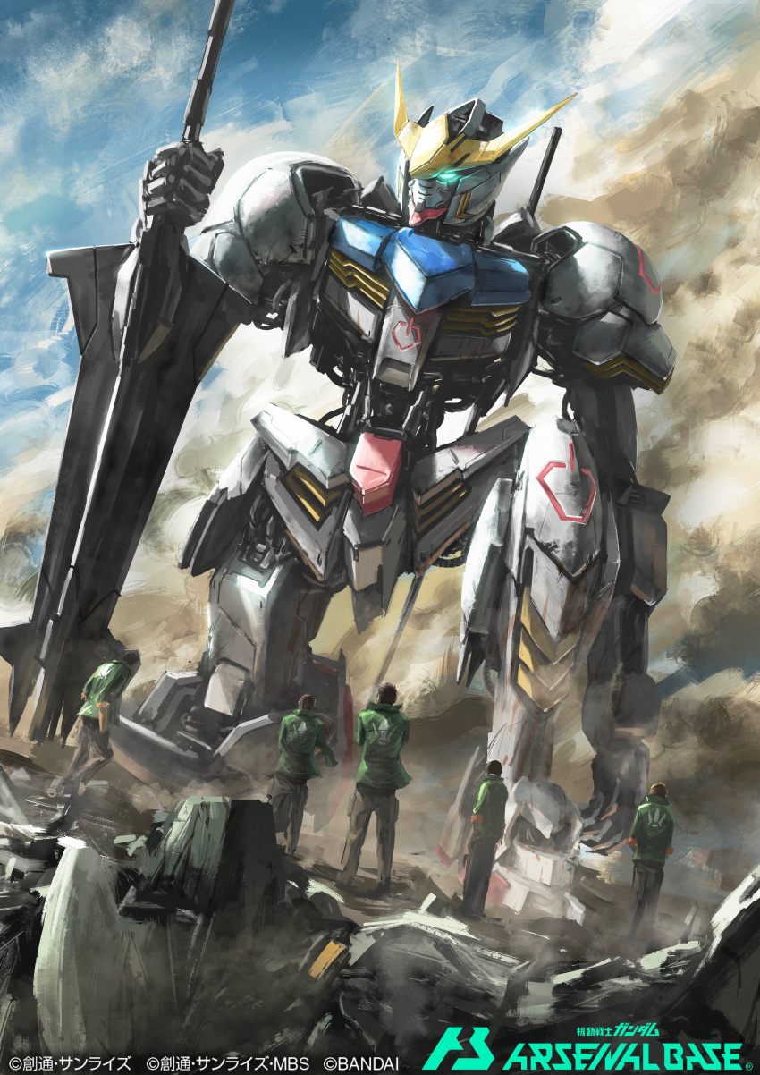 5boys absurdres cloud dust glowing glowing_eye green_jacket gundam gundam_arsenal_base gundam_barbatos gundam_tekketsu_no_orphans highres holding_club jacket kneeling looking_to_the_side mecha mobile_suit multiple_boys official_art science_fiction sky takuan_(a_mood_home) wreckage