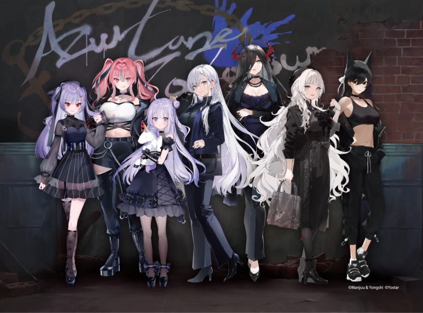 6+girls :d :q ajax_(azur_lane) alternate_costume animal_ears asymmetrical_legwear atago_(azur_lane) azur_lane bag bangs bare_shoulders belfast_(azur_lane) beret black_bra black_dress black_footwear black_hair black_headwear black_jacket black_pants black_shorts bra breasts bremerton_(azur_lane) brick_wall capri_pants cleavage collaboration collarbone cross-laced_footwear dog_ears dress eyebrows_visible_through_hair eyewear_removed friedrich_der_grosse_(azur_lane) full_body graffiti grey_hair group_picture hair_between_eyes hair_over_one_eye hair_ribbon hat high_heels holding holding_bag holding_eyewear holding_toy horns huge_breasts jacket jacket_on_shoulders large_breasts long_hair looking_at_viewer mechanical_horns medium_breasts midriff miwano_ragu mossi multicolored_hair multiple_girls navel off_shoulder official_art open_clothes open_jacket open_mouth pants parted_lips pink_hair platform_footwear product_placement promotional_art purple_eyes purple_hair red_eyes red_horns ribbon see-through_dress shadow short_dress short_shorts shorts sidelocks single_thighhigh sleeveless sleeveless_dress smile sports_bra standing streaked_hair stuffed_animal stuffed_toy stuffed_unicorn sunglasses sweatpants tank_top thighhighs third-party_source tongue tongue_out toy two-tone_hair underwear unicorn_(azur_lane) very_long_hair vittorio_veneto_(azur_lane) watermark white_hair white_ribbon yatsuha_(hachiyoh) zozotown