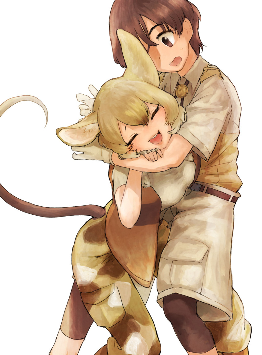 1boy 1girl animal_ears black_shorts blonde_hair blush brown_eyes brown_hair brown_vest camouflage camouflage_pants captain_(kemono_friends) cargo_pants closed_eyes collared_shirt fingerless_gloves gambian_rat_(kemono_friends) gloves hair_between_eyes highres hug kemono_friends kemono_friends_3 khakis mouse_ears mouse_girl mouse_tail multicolored_hair open_mouth pants shirt short_hair short_sleeves shorts shuushuusha tail uniform vest white_gloves white_shirt