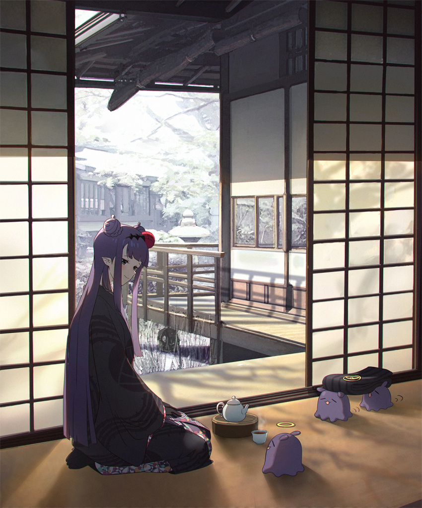 1girl architecture blush cup double_bun east_asian_architecture halo highres hololive hololive_english light_smile ninomae_ina'nis otashishi pointy_ears purple_eyes purple_hair shouji sitting sliding_doors smile snow solo tako_(ninomae_ina'nis) tatami teacup teapot veranda wariza winter winter_clothes