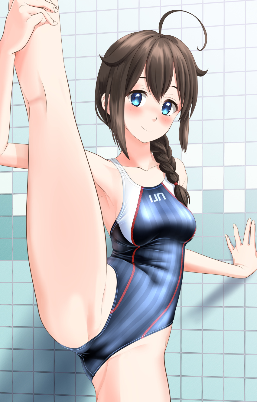 1girl absurdres ahoge black_hair blue_eyes braid breasts clothes_writing collarbone commentary_request competition_swimsuit cowboy_shot grey_swimsuit hair_flaps hair_ornament hair_over_shoulder highres kantai_collection looking_at_viewer medium_breasts one-piece_swimsuit shigure_(kancolle) shigure_kai_ni_(kancolle) single_braid solo split standing standing_on_one_leg standing_split striped striped_swimsuit swimsuit takafumi tile_wall tiles