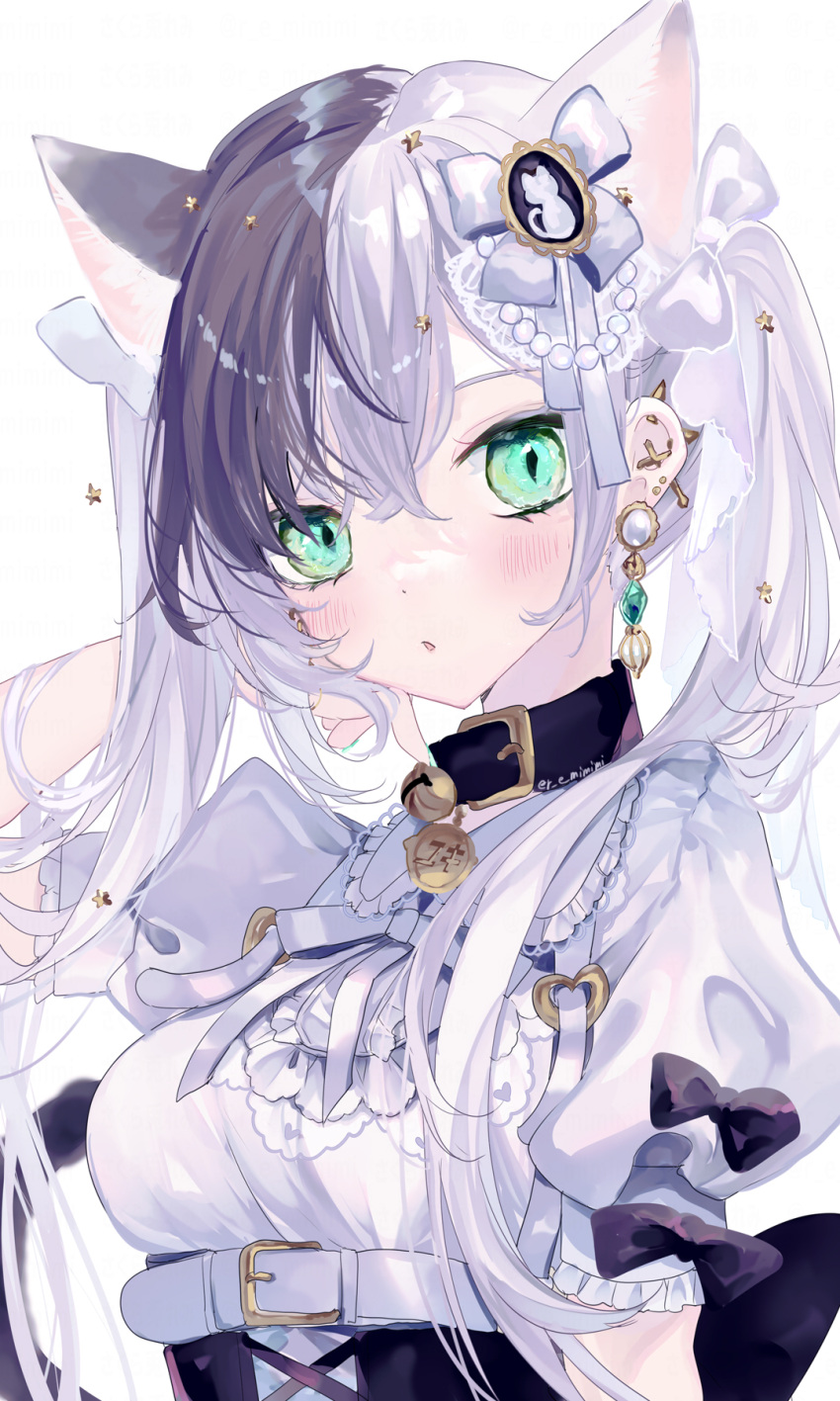 1girl animal_ears aqua_eyes bangs bell belt belt_buckle black_hair blush bow buckle cat_ears cat_tail choker corset dress earrings frilled_dress frills hair_ornament highres jewelry looking_at_viewer multicolored_hair neck_bell piercing puffy_sleeves remimim short_sleeves suspenders tail twintails white_hair