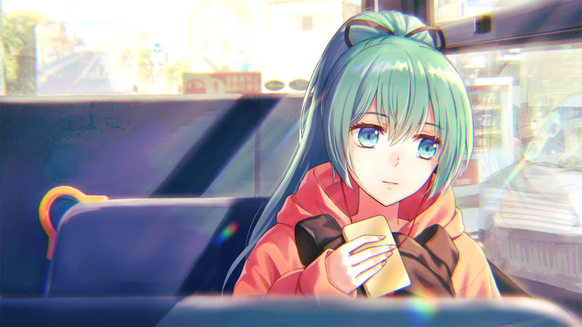 1girl aqua_hair azaka_(pipponao) bangs black_ribbon blue_eyes bus_interior cellphone day earphones hair_between_eyes hair_ribbon hatsune_miku high_ponytail highres holding holding_phone hood hood_down hooded_sweater long_hair looking_to_the_side orange_sweater phone portrait ribbon shiny shiny_hair smartphone solo sweater vocaloid