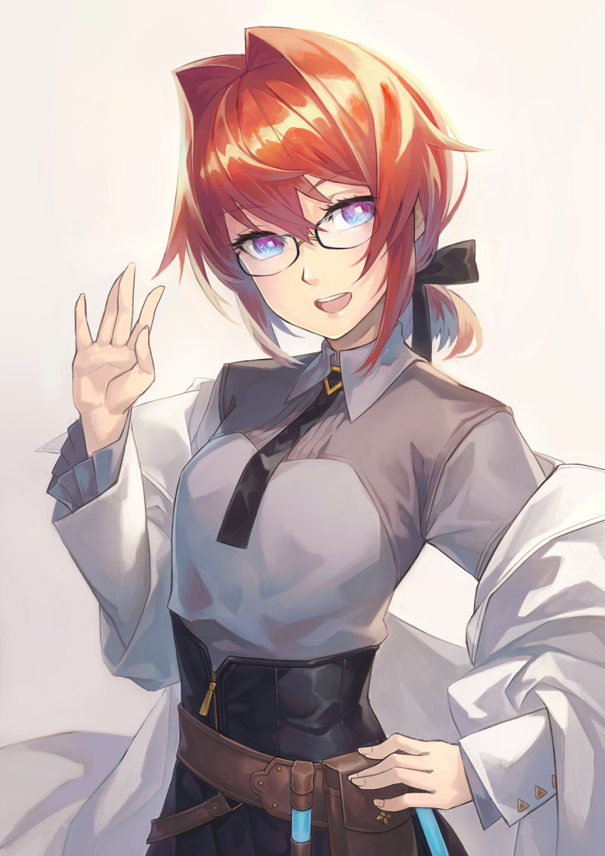 1girl a-er_(akkij0358) ange_katrina bangs eyebrows_visible_through_hair glasses hair_between_eyes hair_intakes hand_on_hip highres looking_at_viewer necktie nijisanji open_mouth purple_eyes red_hair short_hair solo virtual_youtuber white_background