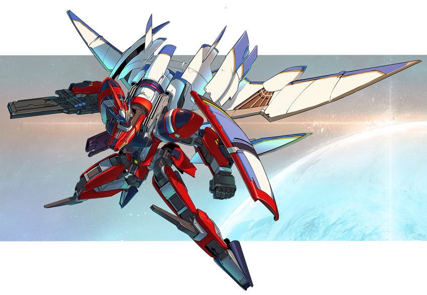 blue_eyes clenched_hand flying ishida_baru looking_down mecha mechanical_wings no_humans riot_music science_fiction shield solo sparkle wings