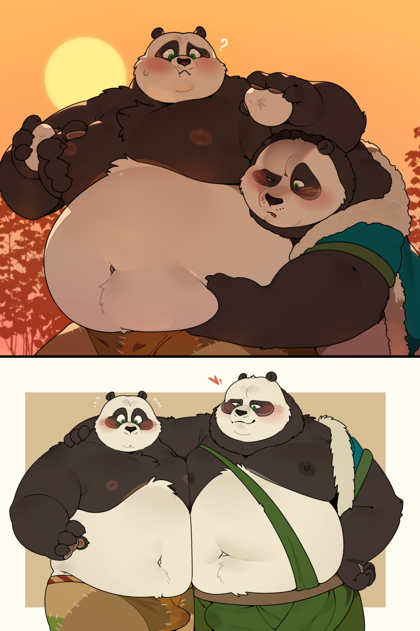 2022 ? absurd_res anthro belly belly_grab black_body blush bottomwear bulge clothed clothing dreamworks duo erection erection_under_clothing father father_and_child father_and_son food giant_panda grope grope_from_behind hi_res incest_(lore) kemono kung_fu_panda li_shan_(kung_fu_panda) male male/male mammal master_po_ping moob_grab moobs navel nipples outside overweight overweight_male parent parent_and_child quanjiang shorts son sun ursid white_body