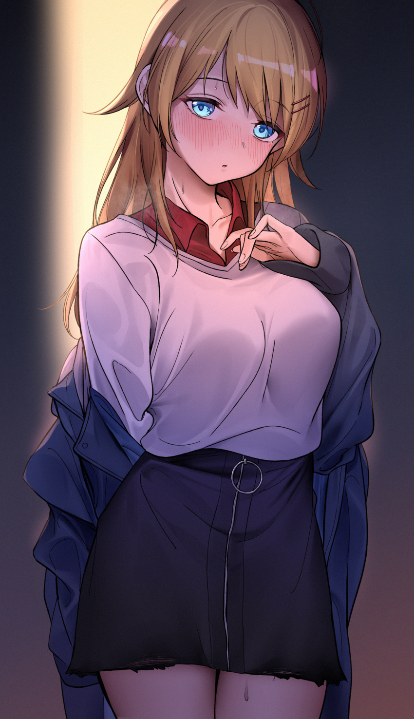 1girl :o bangs blonde_hair blue_eyes blush breasts collarbone collared_shirt cowboy_shot denim denim_jacket full-face_blush hachimiya_meguru hand_on_own_chest high-waist_skirt highres idolmaster idolmaster_shiny_colors jacket jacket_partially_removed large_breasts liu_chi_tiantang_fr long_hair looking_at_viewer red_shirt shirt skirt solo sweatdrop swept_bangs undressing v-neck white_shirt zipper_skirt