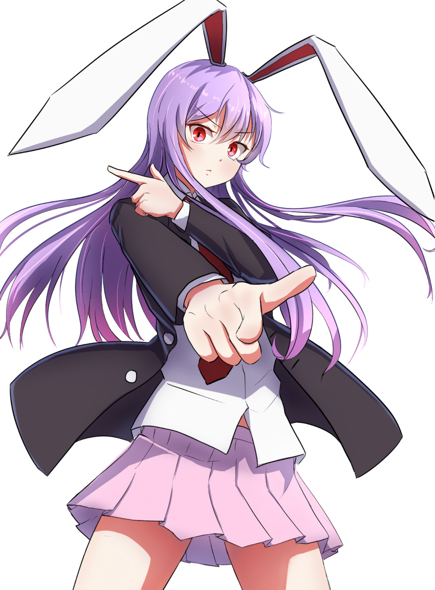 1girl animal_ears bangs black_jacket blazer blouse buttons collared_blouse cowboy_shot eyebrows_visible_through_hair finger_gun highres jacket light_purple_hair long_hair long_sleeves midriff_peek miniskirt necktie open_clothes open_jacket pleated_skirt pointing pointing_at_viewer purple_hair purple_skirt rabbit_ears rabbit_girl red_eyes red_neckwear reisen_udongein_inaba serious shimotsuki_aoi simple_background skirt thighs touhou v-shaped_eyebrows very_long_hair white_background white_blouse