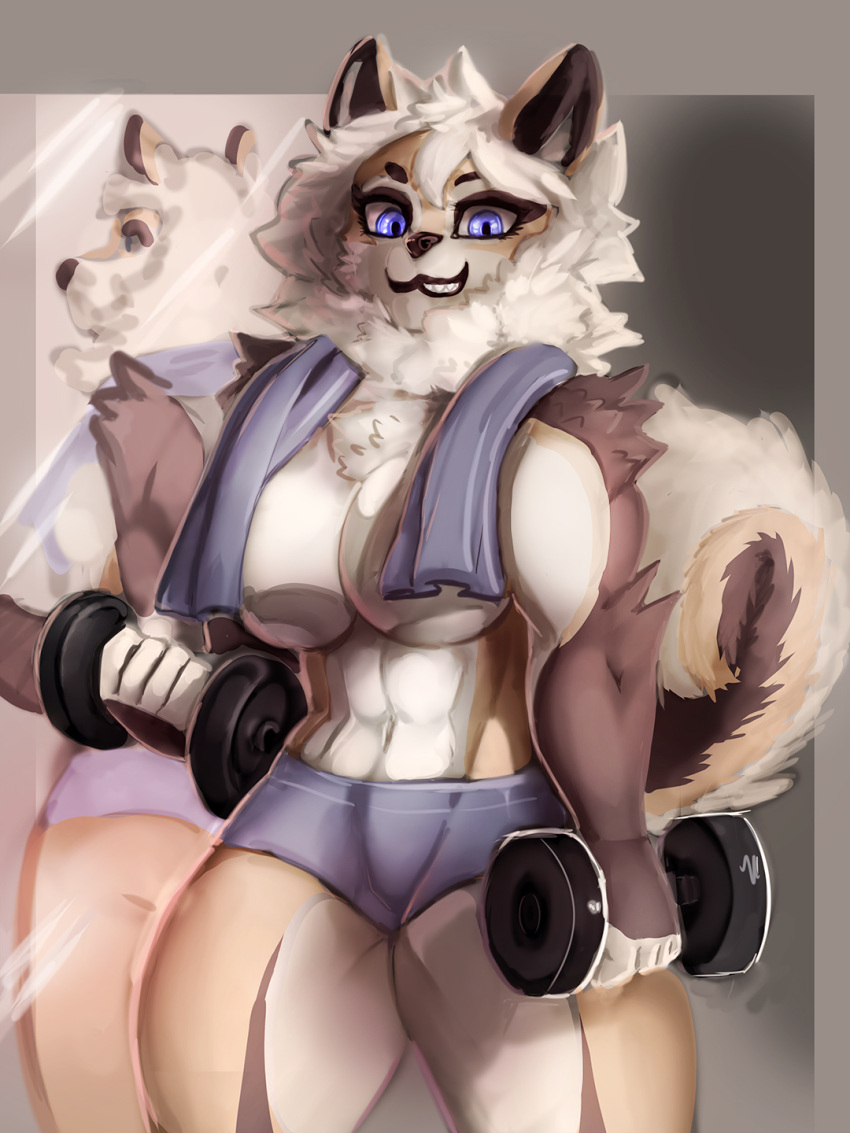 anthro blue_eyes bottomwear breasts canid clothing female general-irrelevant hi_res holding_weights looking_at_viewer mammal mirror muscular muscular_female nipples shorts smile solo towel towel_around_neck weights