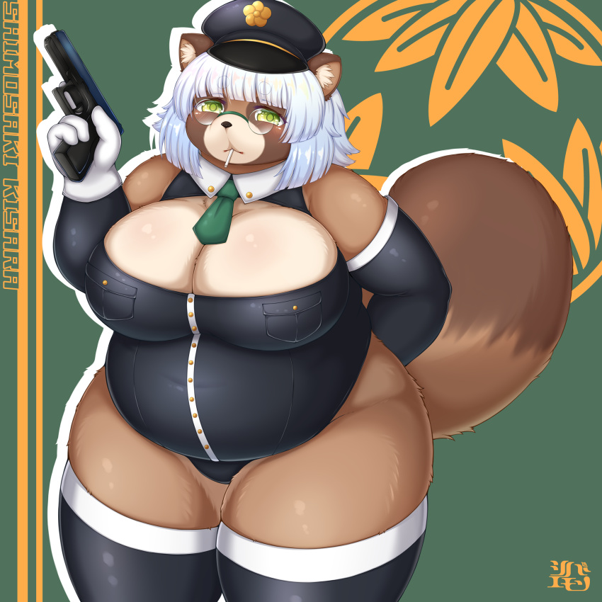 :&lt; abstract_background anthro armwear belly big_breasts biped black_armwear black_clothing black_legwear black_nose black_shirt black_topwear blush breasts brown_body brown_ears brown_fur brown_inner_ear candy canid canine cleavage clothed clothing colored countershade_fur countershade_legs countershade_torso countershading curvy_figure dessert digital_drawing_(artwork) digital_media_(artwork) dipstick_tail elbow_gloves eyewear facial_markings female fingers fluffy fluffy_tail food front_view fully_clothed fur glasses glistening glistening_body glistening_breasts glistening_fur gloves green_eyes gun hair hand_behind_back handgun handwear hat head_markings headgear headwear hi_res holding_gun holding_handgun holding_object holding_pistol holding_weapon huge_breasts humanoid_hands inner_ear_fluff kemono legwear lollipop looking_at_viewer mammal markings monotone_ears monotone_hair multicolored_body multicolored_fur multicolored_tail muzzle_(marking) necktie object_in_mouth overweight overweight_anthro overweight_female pince-nez pistol police_hat police_officer police_uniform portrait raccoon_dog ranged_weapon shaded shibaemonxsk shirt short_hair snout snout_markings solo standing tail_markings tan_body tan_countershading tan_fur tan_inner_ear_fluff tanuki thick_thighs thigh_highs three-quarter_portrait tight_clothing topwear trigger_discipline tuft two_tone_tail uniform voluptuous weapon white_clothing white_gloves white_handwear wide_hips