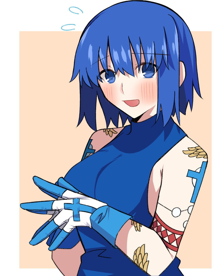 1girl arm_tattoo bangs bare_shoulders blue_dress blue_eyes blue_gloves blue_hair blush breasts ciel_(tsukihime) commentary_request cross cross_tattoo dress exa_(koyuru) eyebrows_visible_through_hair flying_sweatdrops gloves hair_between_eyes highres looking_at_viewer medium_breasts open_mouth own_hands_together powerd_ciel sleeveless sleeveless_dress smile solo tattoo tsukihime tsukihime_(remake) two-tone_gloves upper_body white_gloves wing_tattoo