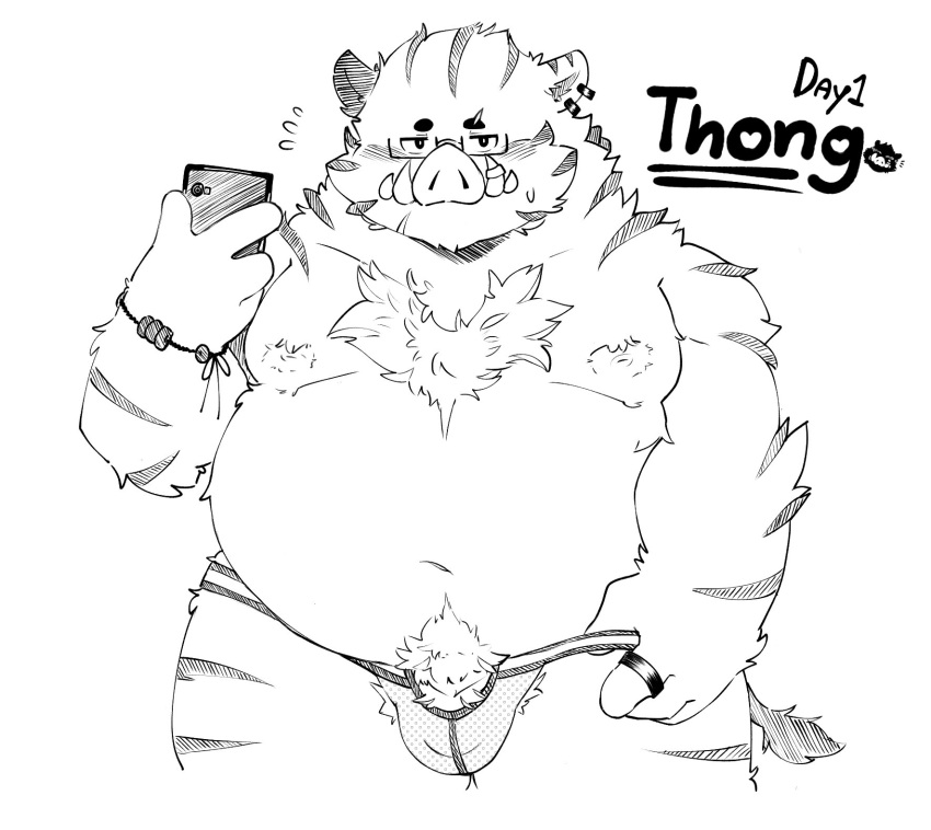 2022 anthro belly blush bulge cellphone clothing dragon_night800 eyewear glasses hi_res humanoid_hands kemono male mammal monochrome moobs navel nipples overweight overweight_male phone simple_background smartphone solo suid suina sus_(pig) underwear white_background wild_boar