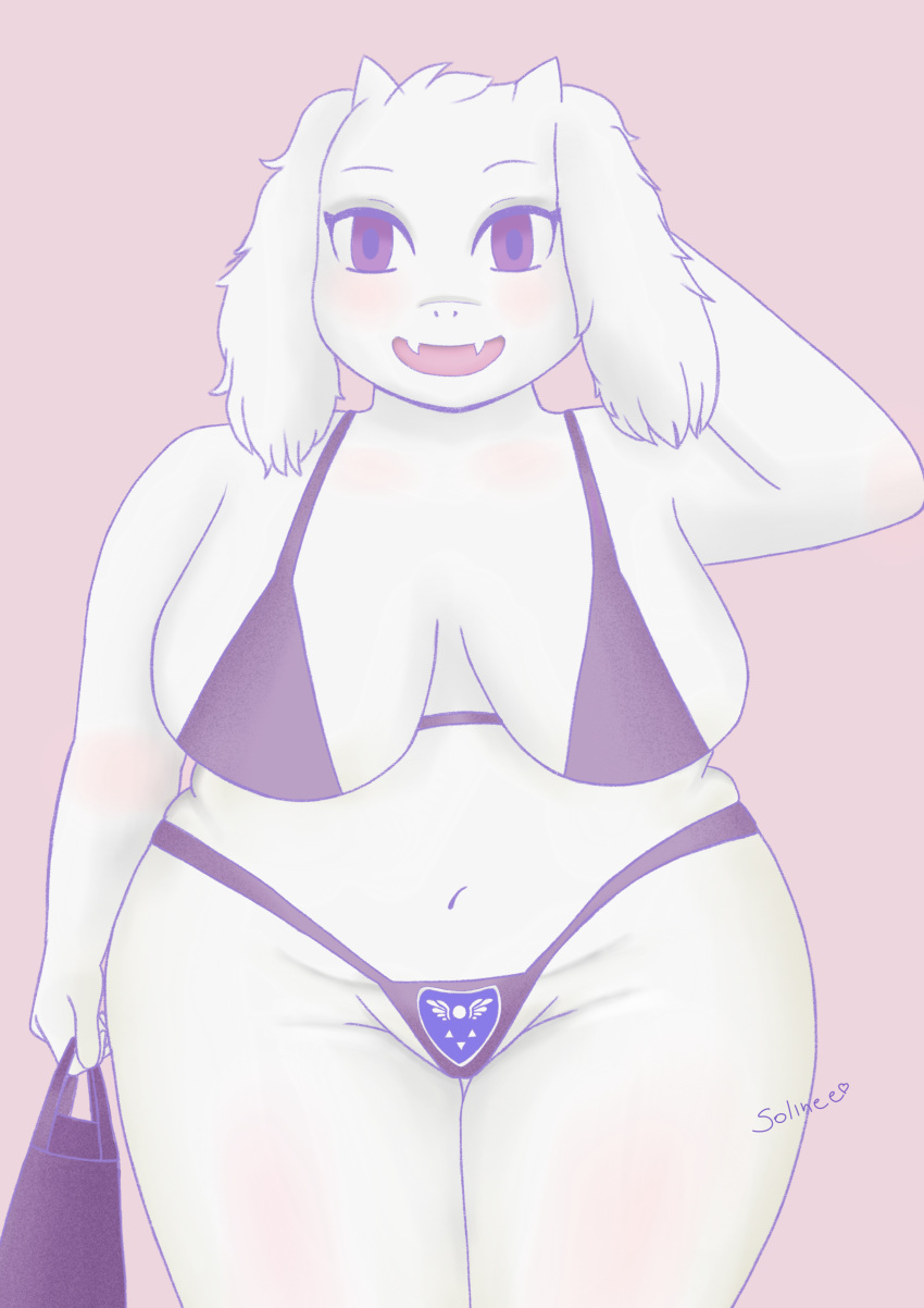 absurd_res anthro beach bikini bovid caprine clothing female fur goat hi_res humanoid invalid_tag mama mammal mature_female seaside shy slightly_chubby solinee solo swimwear toriel undertale undertale_(series) video_games white