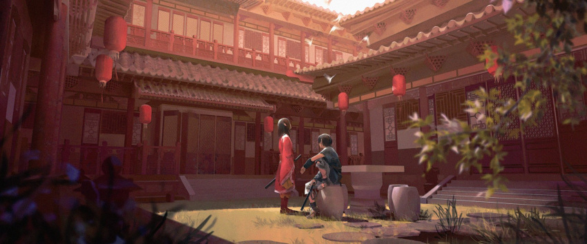 2boys architecture arm_wrap bird black_hair blurry boots branch brown_hair building chenalii commentary day depth_of_field east_asian_architecture ei_sei_(kingdom) english_commentary facing_away flock garden grass highres holding holding_sword holding_weapon kingdom knee_up lantern long_sleeves looking_up male_focus medium_hair motion_blur multiple_boys outdoors outstretched_arm paper_lantern pavement robe sash shin_(kingdom) short_hair short_sleeves sitting stairs standing stool sword table torn_clothes weapon wide_sleeves