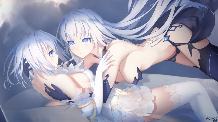 2girls absurdres aoi_kao_(lsz7106) arm_around_back ass backless_dress backless_outfit bare_shoulders bent_over blue_bow blue_bowtie blue_dress blue_eyes blue_gloves blue_legwear blue_skirt blush bow bowtie breasts cleavage comforting crying dark_persona date_a_live dated dress dual_persona elbow_gloves empty_eyes floating from_side gloves groin hand_on_another's_shoulder hands_up highres holding_another's_head hug layered_dress long_hair looking_at_another lying medium_breasts medium_hair midair midriff multiple_girls on_back outdoors parted_lips partially_submerged revealing_clothes sapphire_(gemstone) see-through_dress signature silver_hair skirt sky staring tobiichi_origami very_long_hair white_bow white_bowtie white_dress white_gloves white_hair white_legwear