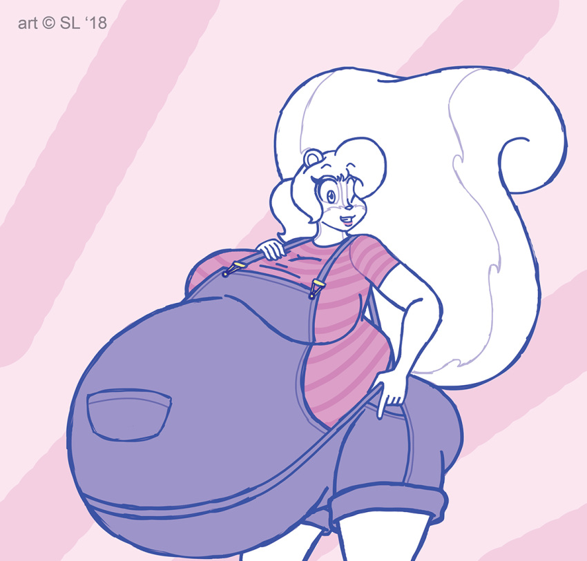 2018 anthro belly big_belly big_breasts breasts clothing digital_media_(artwork) female hair huge_breasts hyper hyper_belly hyper_pregnancy mammal mephitid one_eye_closed overalls pregnant satsumalord shirt sketch skunk smile solo stacy_(satsumalord) topwear wink