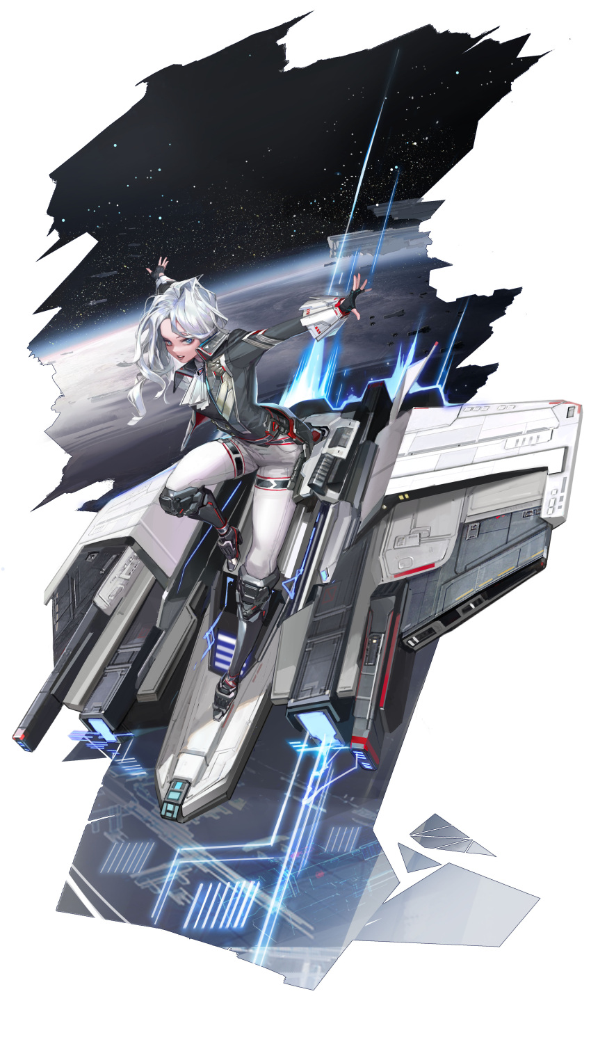 1girl absurdres black_gloves blue_eyes boots fingerless_gloves gloves highres long_hair long_sleeves open_mouth original pants sky smile solo space space_craft star_(sky) starry_sky vexxxxa white_hair white_pants wide_shot
