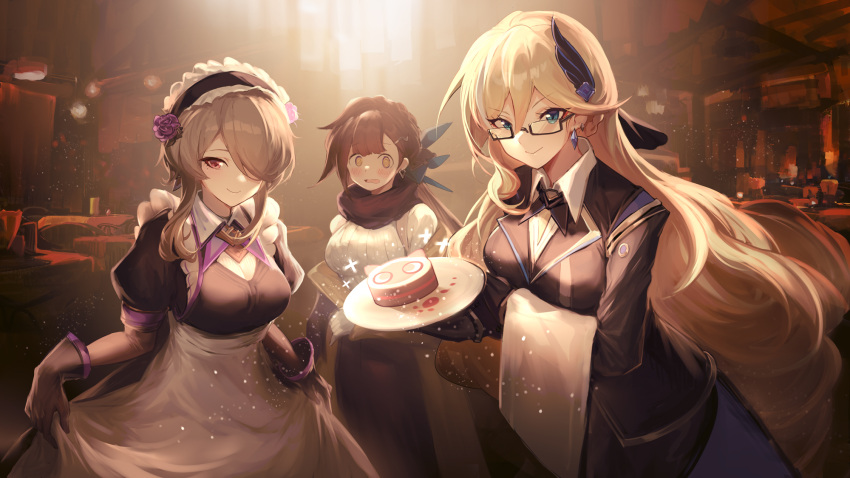 3girls bianka_durandal_ataegina blonde_hair blue_eyes bow dress durandal_(tales) formal glasses gloves hair_bow hair_ornament highres honkai_(series) honkai_impact_3rd jell_(jell_y_fish) li_sushang maid multiple_girls red_eyes red_hair rita_rossweisse suit tagme uniform