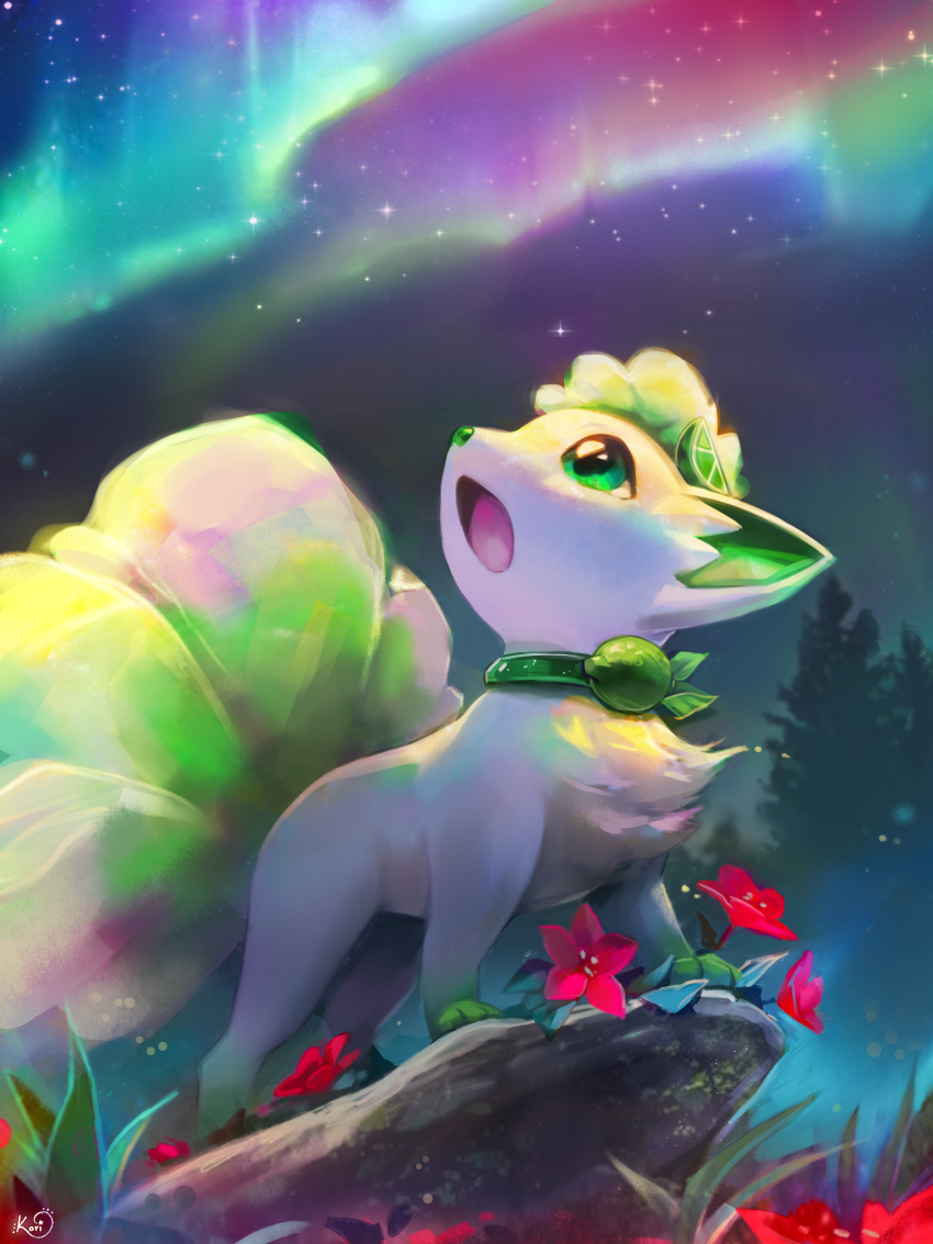 absurdres alolan_vulpix alternate_color alternate_shiny_pokemon animal_focus artist_name aurora collar commentary commission english_commentary flower food food-themed_hair_ornament fruit full_body gracidea grass green_eyes hair_ornament highres koriarredondo lime_(fruit) lime_hair_ornament looking_up night no_humans open_mouth outdoors pokemon pokemon_(creature) red_flower rock signature solo standing star_(sky) tree