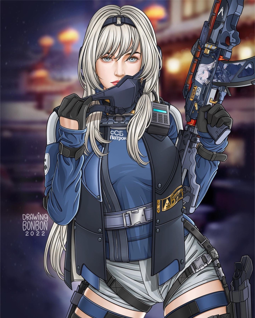 1girl an-94 an-94_(girls'_frontline) an-94_(girls'_frontline)_(cosplay) aqua_eyes assault_rifle bangs blue_eyes call_of_duty:_mobile closed_mouth cosplay drawingbonbon girls'_frontline gloves gun hairband highres jacket long_hair long_sleeves looking_at_viewer mask platinum_blonde_hair rifle scylla_(call_of_duty:_mobile) silver_hair solo tagme weapon