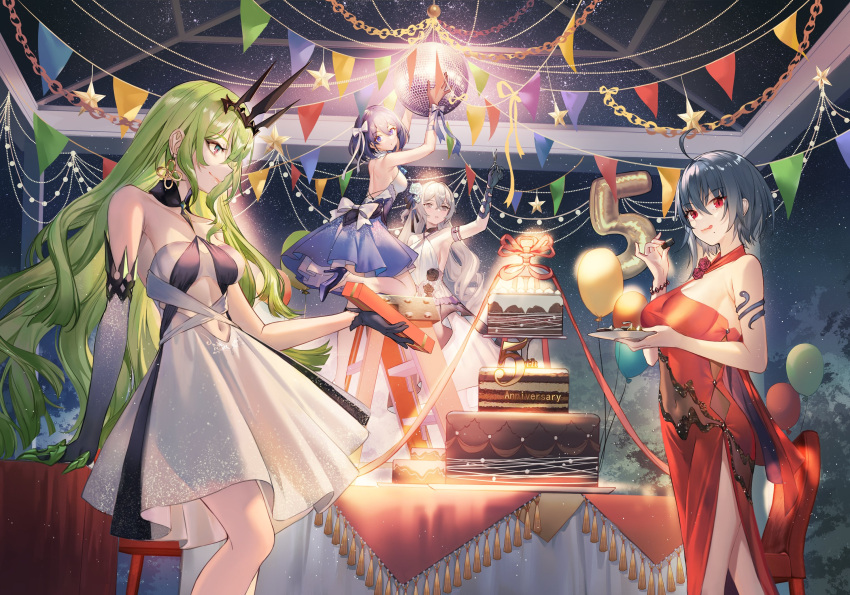 4girls balloon bangs black_dress black_hair blue_dress blue_eyes blue_hair bob_cut bronya_zaychik cake crown dress earrings food green_eyes green_hair grey_eyes grey_hair highres holding holding_plate honkai_(series) honkai_impact_3rd jewelry ladder medium_hair mobius_(honkai_impact) multiple_girls night night_sky official_art outdoors plate raven_(honkai_impact_3rd) red_dress red_eyes seele_vollerei single_earring single_sleeve sky sleeveless sleeveless_dress smile tongue tongue_out white_dress white_sleeves