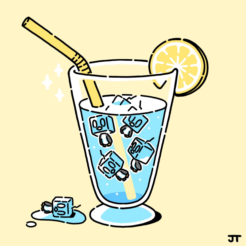 afloat air_bubble animal_focus bird bubble commentary drinking_straw eiscue eiscue_(ice) food fruit glass highres ice ice_cube james_turner lemon lemon_slice liquid lying on_side penguin pokemon signature yellow_background