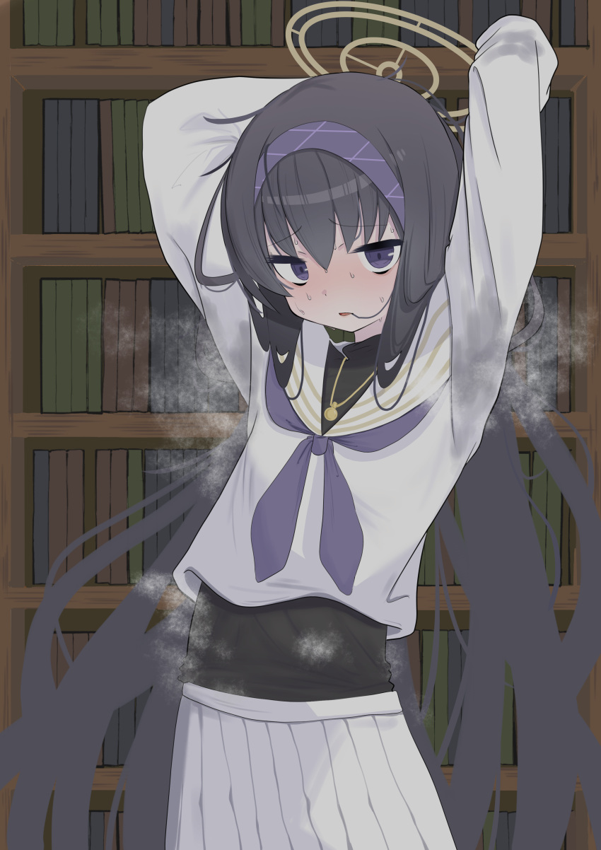 1girl absurdly_long_hair absurdres arms_up black_bodysuit black_hair blue_archive blush bodysuit book bookshelf hairband halo highres hot indoors long_hair looking_at_viewer pleated_skirt purple_eyes rachel114514 school_uniform skirt smell solo steam steaming_body straight_hair sweatdrop ui_(blue_archive) very_long_hair wet wet_clothes