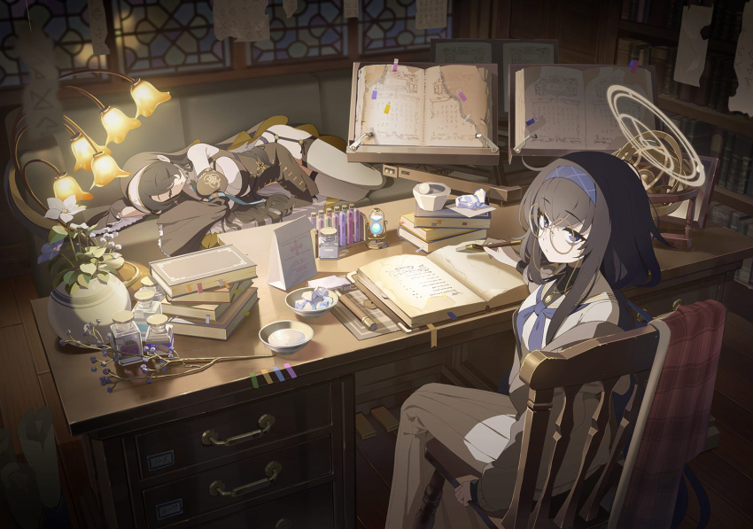 2girls black_hair blue_archive blue_eyes book breasts chair couch desk detached_sleeves flower glasses halo highres hinata_(blue_archive) lamp large_breasts looking_at_viewer multiple_girls nun official_art school_uniform sitting sleeping table ui_(blue_archive) window