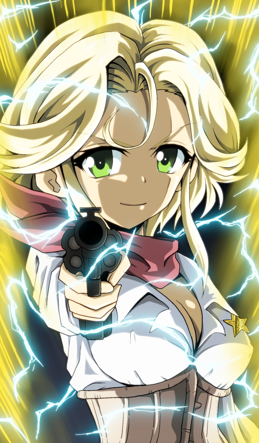 1girl absurdres bandana blonde_hair breasts cleavage collared_shirt cow_girl girls_und_panzer green_eyes grin gun handgun highres holding holding_gun holding_weapon jane_(girls_und_panzer) kamishima_kanon looking_at_viewer medium_breasts pistol red_neckwear revolver shirt short_hair smile solo upper_body weapon white_shirt