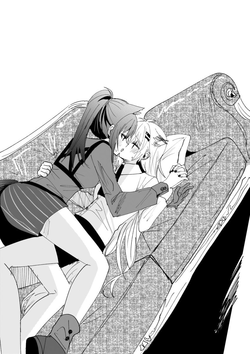 2girls absurdres arknights blush chihuri closed_eyes collared_shirt couch dutch_angle feet_out_of_frame french_kiss girl_on_top gloves gloves_removed greyscale highres holding_hands interlocked_fingers kiss lappland_(arknights) lying monochrome multiple_girls nail_polish necktie on_back on_couch profile scar scar_across_eye shirt shoes short_shorts shorts socks striped striped_shorts texas_(arknights) vertical-striped_shorts vertical_stripes white_background