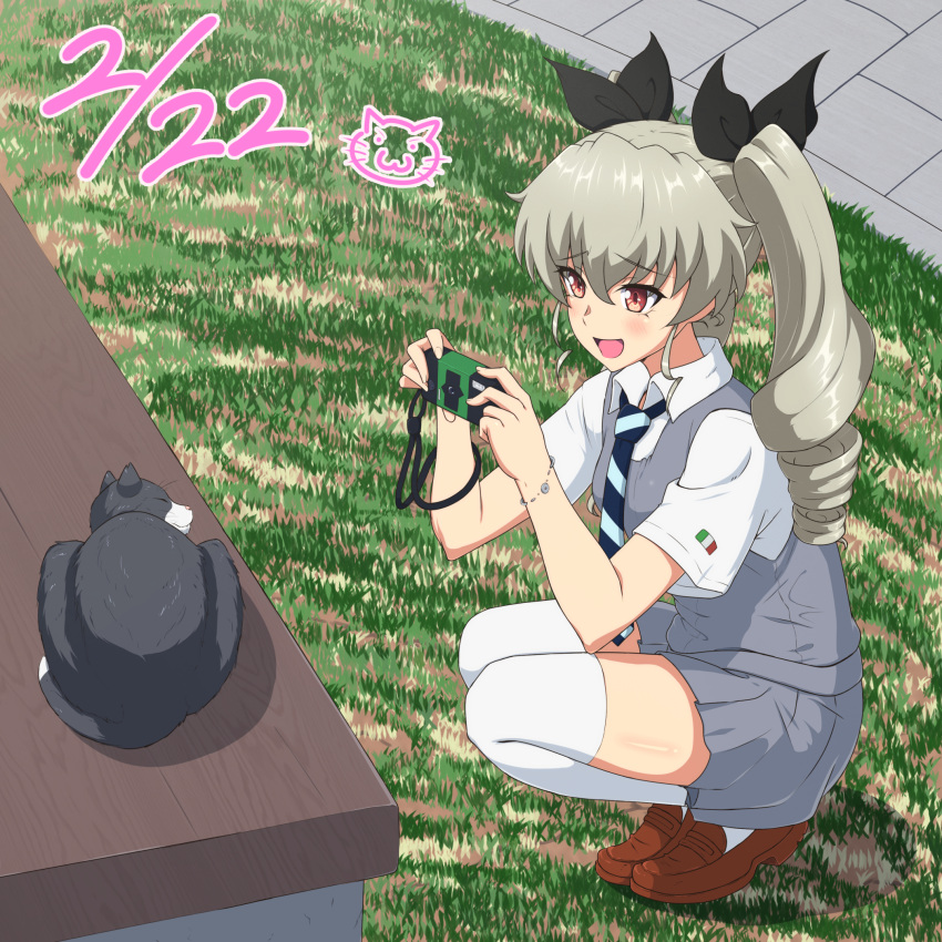 1girl :d ada_badguy alternate_costume anchovy_(girls_und_panzer) bench black_ribbon blue_neckwear bracelet brown_footwear camera cat cat_day dated drill_hair eyebrows_visible_through_hair full_body girls_und_panzer green_hair grey_skirt grey_vest hair_ribbon highres holding holding_camera italian_flag_print jewelry loafers long_hair necktie red_eyes ribbon school_uniform shirt shoes short_sleeves skirt smile squatting striped_neckwear thighhighs twin_drills vest white_legwear white_shirt