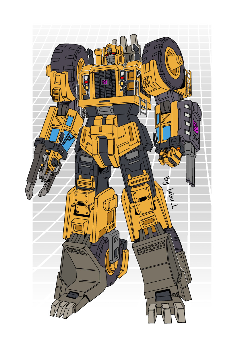 absurdres artist_name clenched_hand decepticon head_tilt highres looking_up luisu_l mecha no_humans red_eyes redesign science_fiction scrapper_(transformers) solo standing transformers transformers:_revenge_of_the_fallen transformers_(live_action) wheel